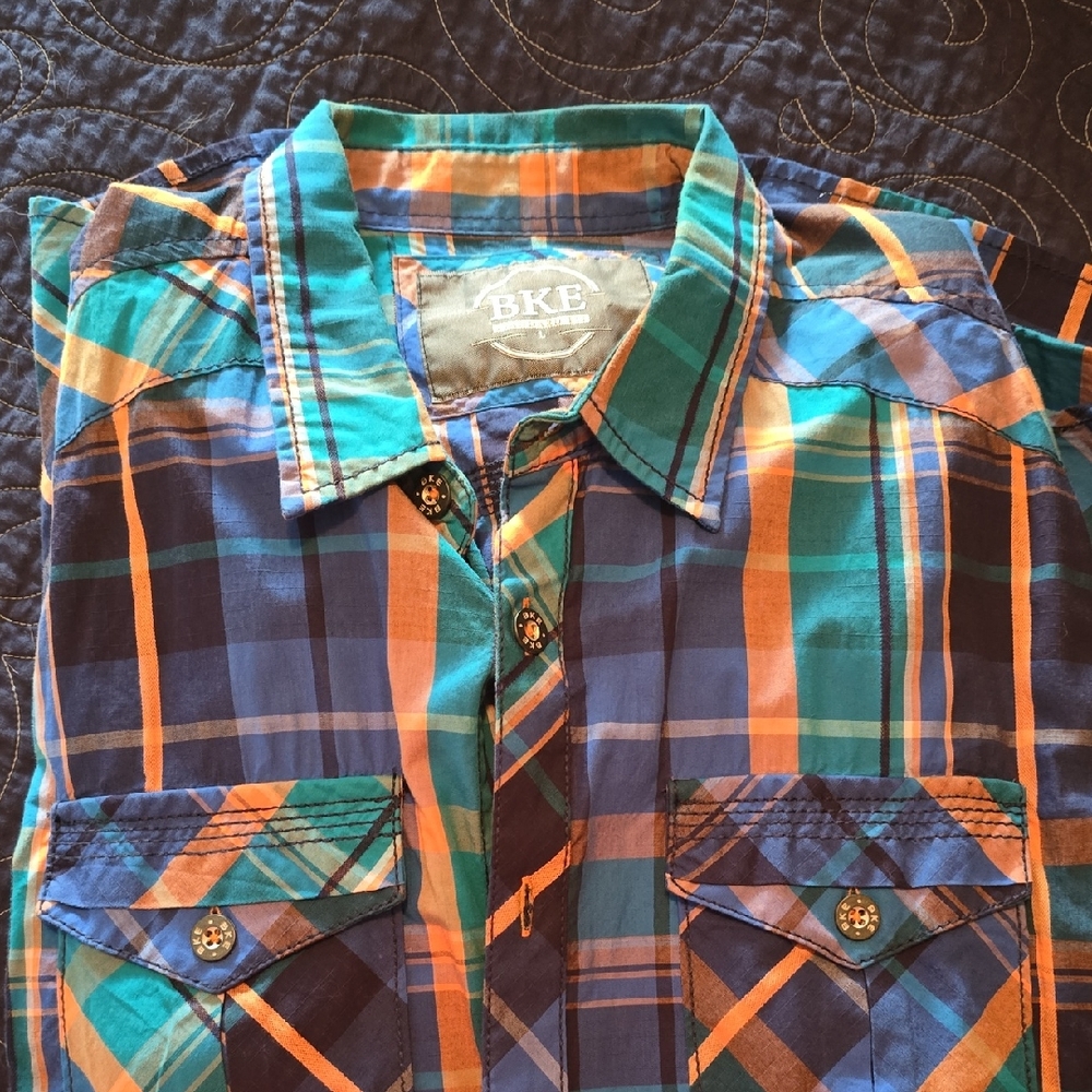 BKE Men's Vibrant Blue and Orange Plaid Shirt